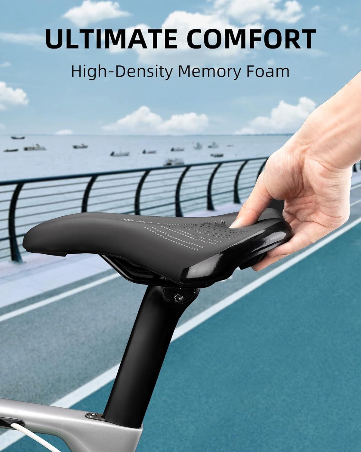 imageROCKBROS Comfortable Bike Seat Cushion Made of Thick HighDensity Memory Foam for Men Women Waterproof High Carbon Steel Bike Seat Fit for Mountain Road Bike with Dense AntiSlip Reflective Dots
