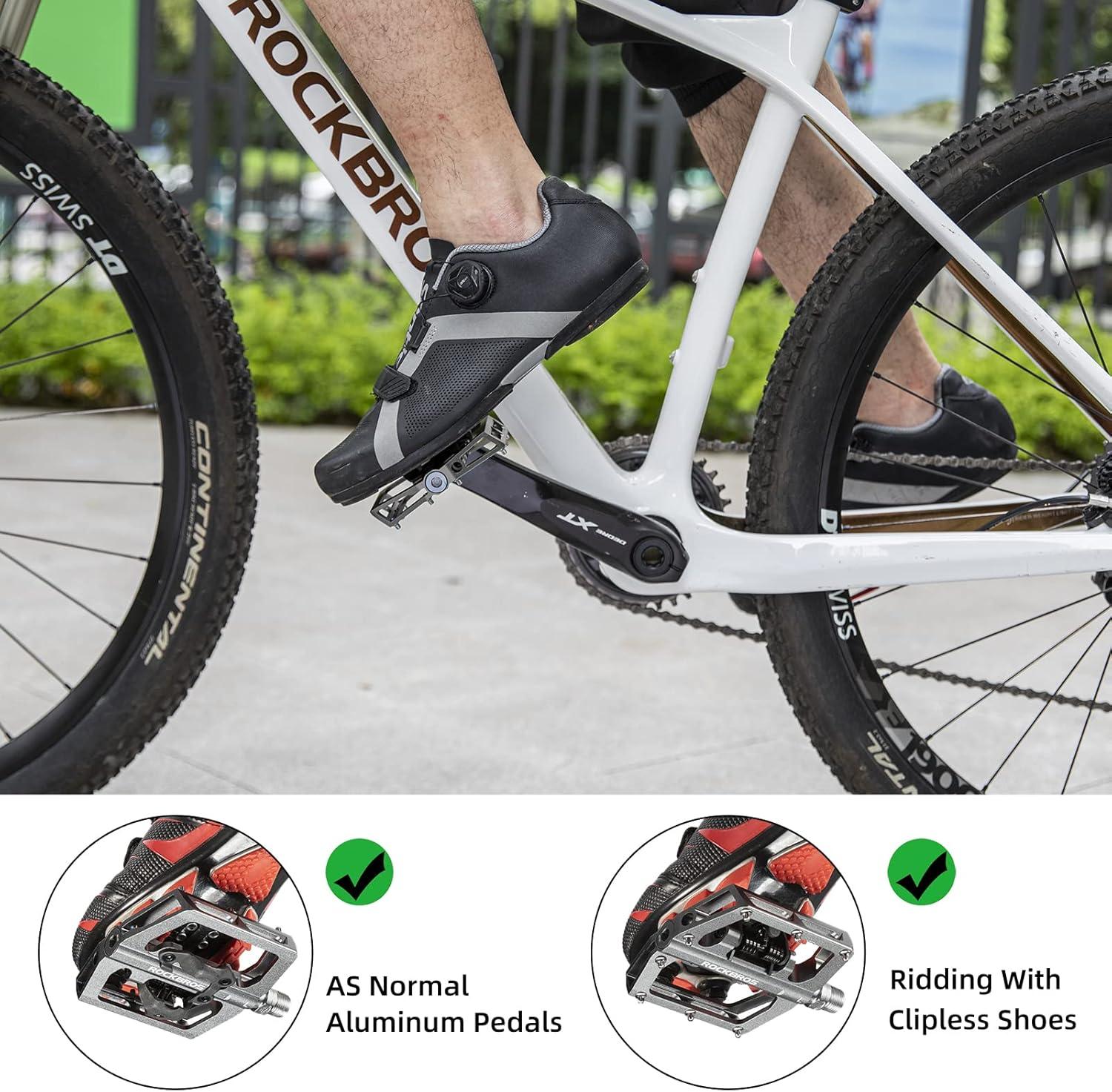 imageROCKBROS MTB Mountain Bike Pedals Compatible with SPD Mountain Bike Dual Function Sealed Clipless Aluminum Bicycle Flat Platform 916 Pedals with Cleats for Road MTB Mountain BikesTitanium