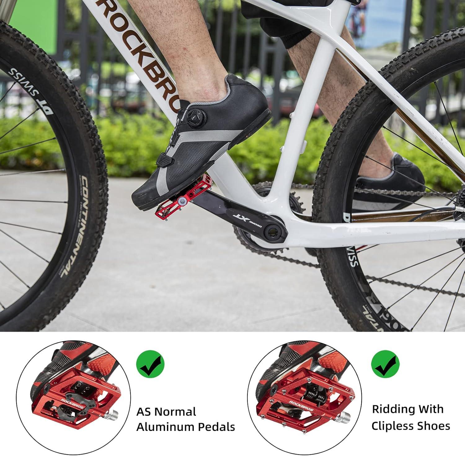 imageROCKBROS MTB Mountain Bike Pedals Compatible with SPD Mountain Bike Dual Function Sealed Clipless Aluminum Bicycle Flat Platform 916 Pedals with Cleats for Road MTB Mountain BikesRed