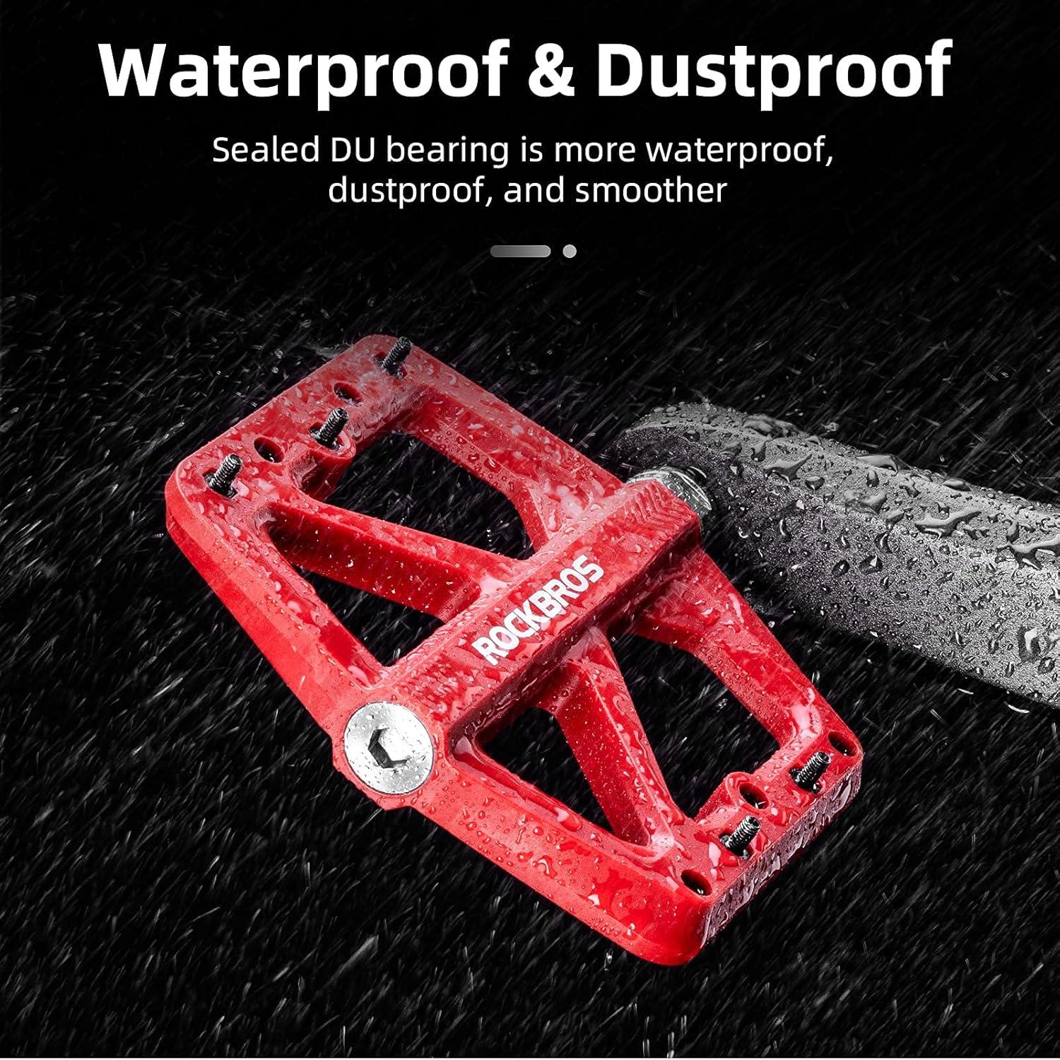 imageROCKBROS Mountain Bike Pedals MTB Pedals Lightweight Nylon Composite Bicycle Flat Pedals 916 DU Bearing Bike Platform Pedals for BMX MTB Mountain Road BikeRed