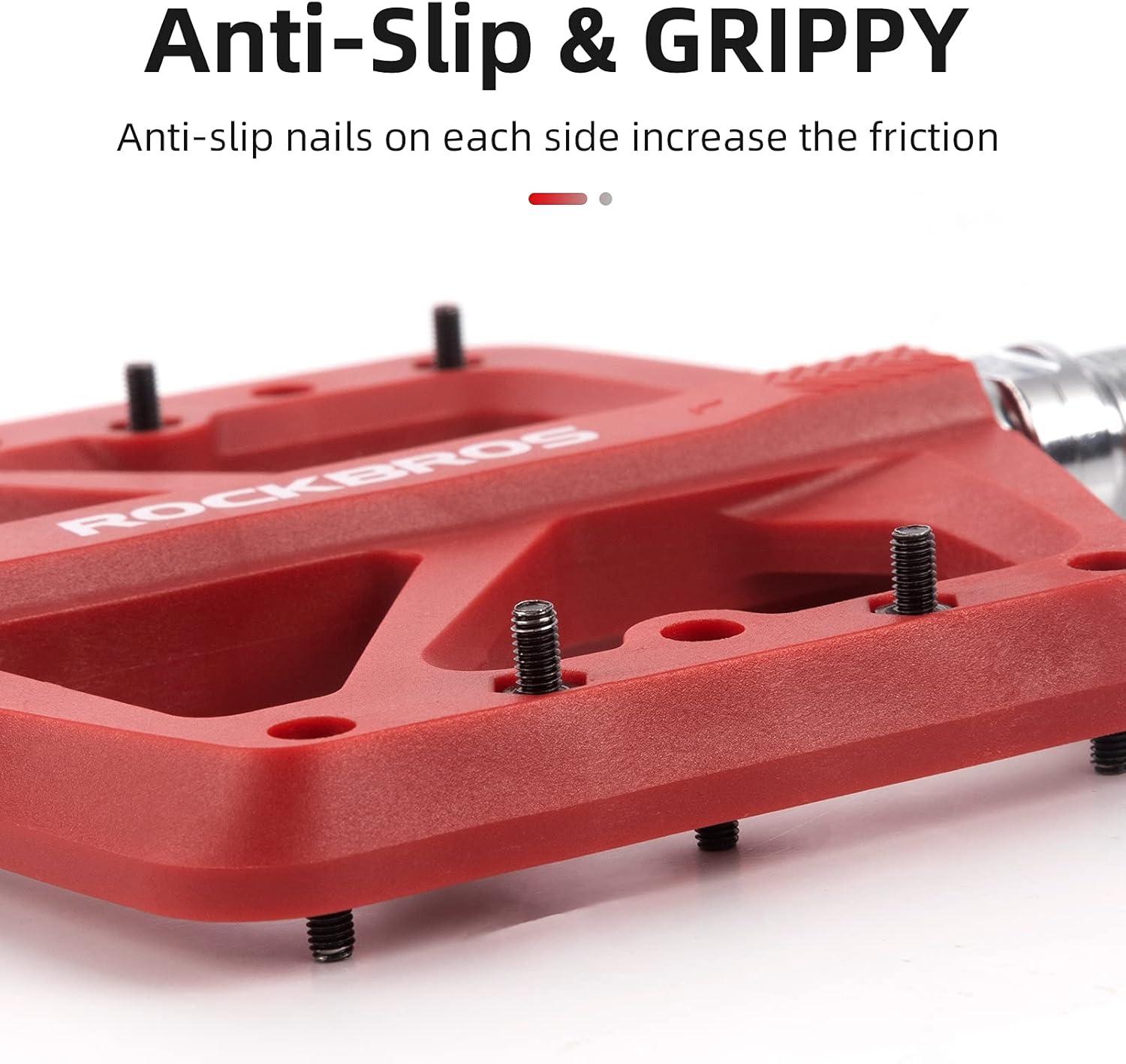 imageROCKBROS Mountain Bike Pedals MTB Pedals Lightweight Nylon Composite Bicycle Flat Pedals 916 DU Bearing Bike Platform Pedals for BMX MTB Mountain Road BikeRed