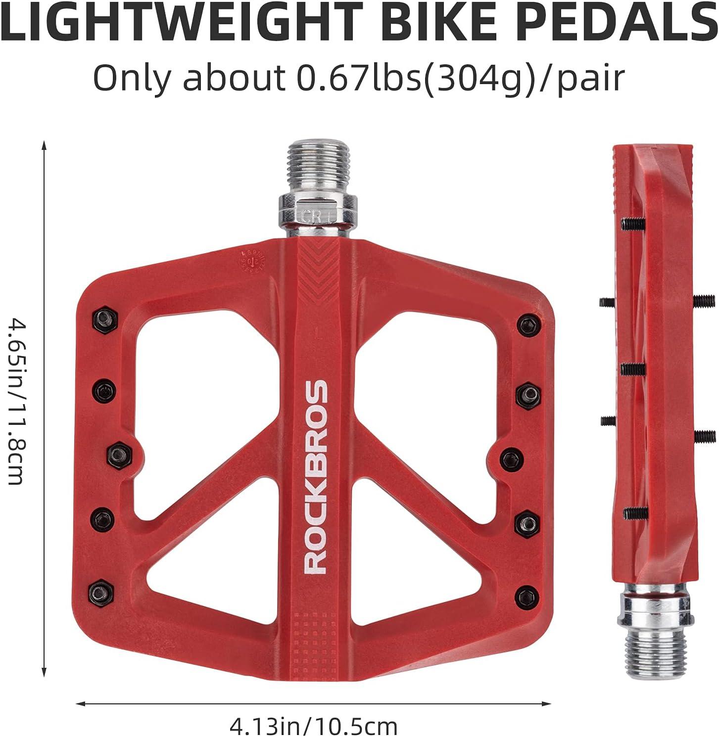imageROCKBROS Mountain Bike Pedals MTB Pedals Lightweight Nylon Composite Bicycle Flat Pedals 916 DU Bearing Bike Platform Pedals for BMX MTB Mountain Road BikeRed