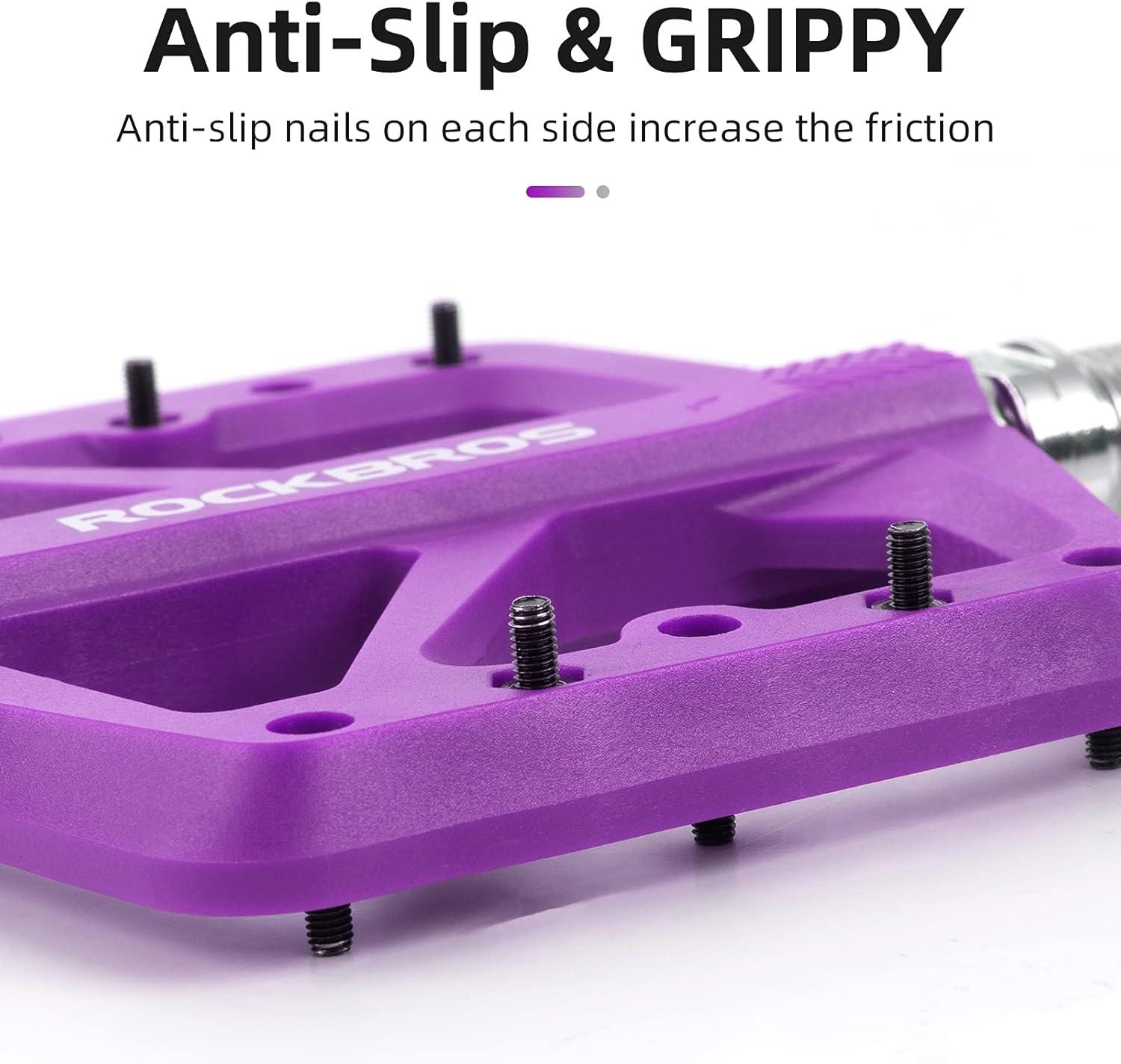 imageROCKBROS Mountain Bike Pedals MTB Pedals Lightweight Nylon Composite Bicycle Flat Pedals 916 DU Bearing Bike Platform Pedals for BMX MTB Mountain Road BikePurple