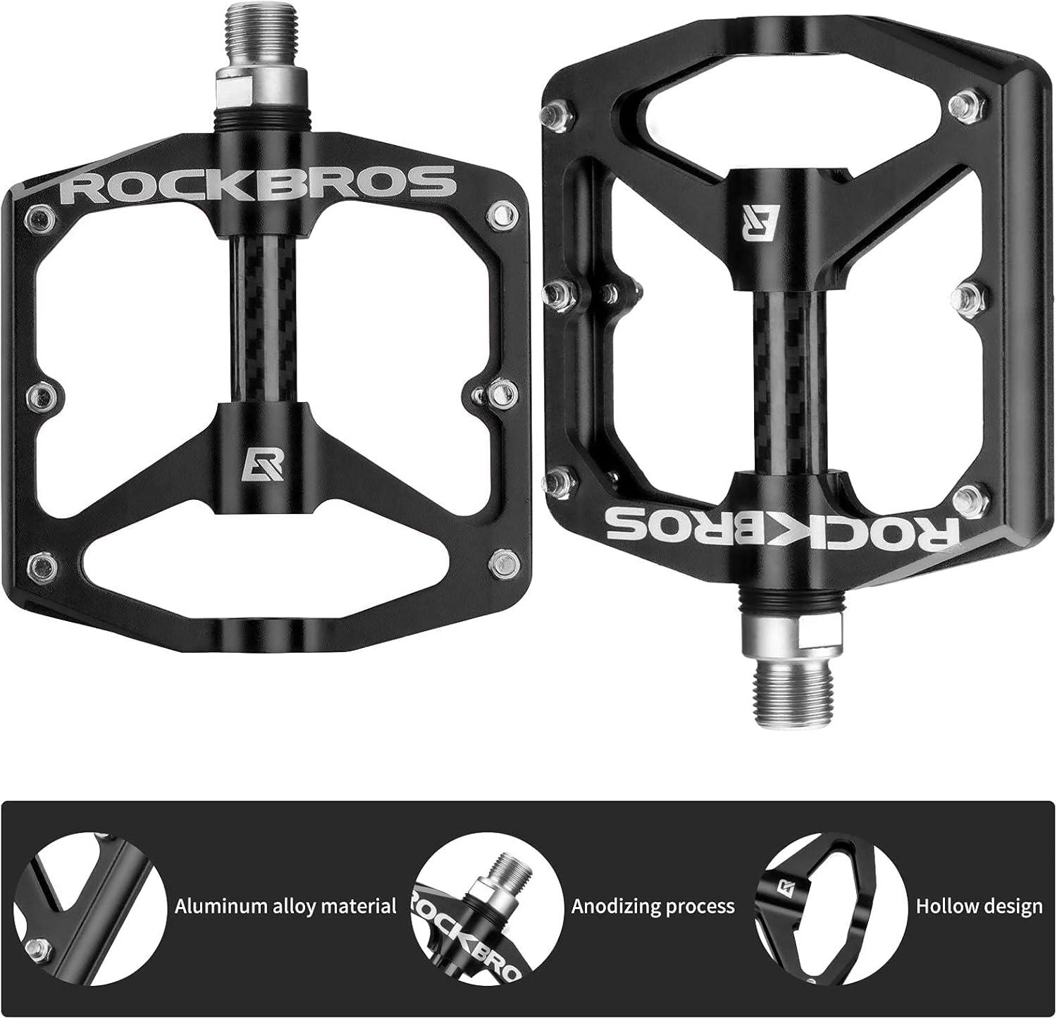 imageRock BROS Mountain Bike Pedals Flat Bicycle Pedals 916 Lightweight Road Bike Pedals Carbon Fiber Sealed Bearing Flat Pedals for MTBBlack