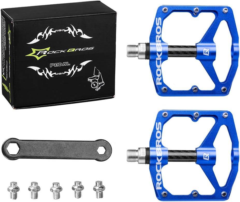 imageRock BROS Mountain Bike Pedals Flat Bicycle Pedals 916 Lightweight Road Bike Pedals Carbon Fiber Sealed Bearing Flat Pedals for MTBBlue