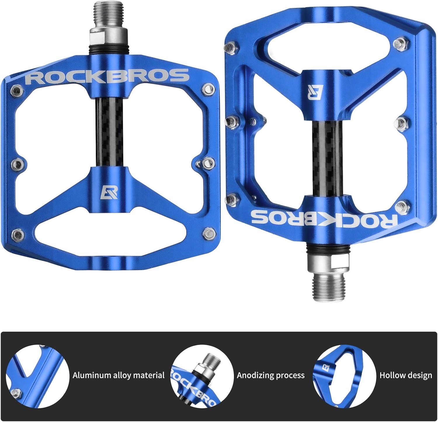 imageRock BROS Mountain Bike Pedals Flat Bicycle Pedals 916 Lightweight Road Bike Pedals Carbon Fiber Sealed Bearing Flat Pedals for MTBBlue