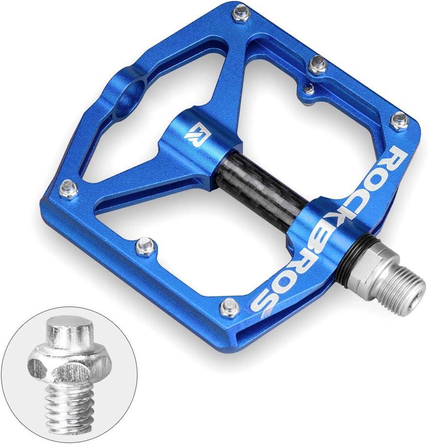 imageRock BROS Mountain Bike Pedals Flat Bicycle Pedals 916 Lightweight Road Bike Pedals Carbon Fiber Sealed Bearing Flat Pedals for MTBBlue