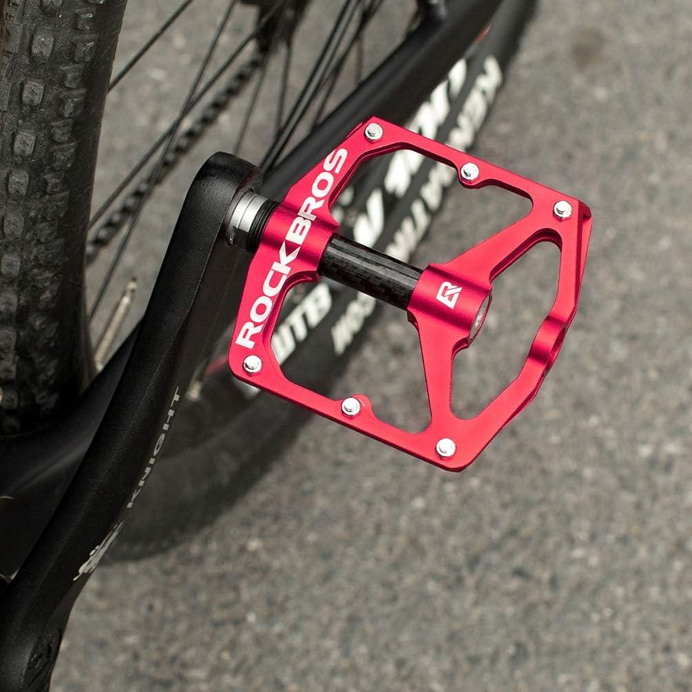 imageRock BROS Mountain Bike Pedals Flat Bicycle Pedals 916 Lightweight Road Bike Pedals Carbon Fiber Sealed Bearing Flat Pedals for MTBRed