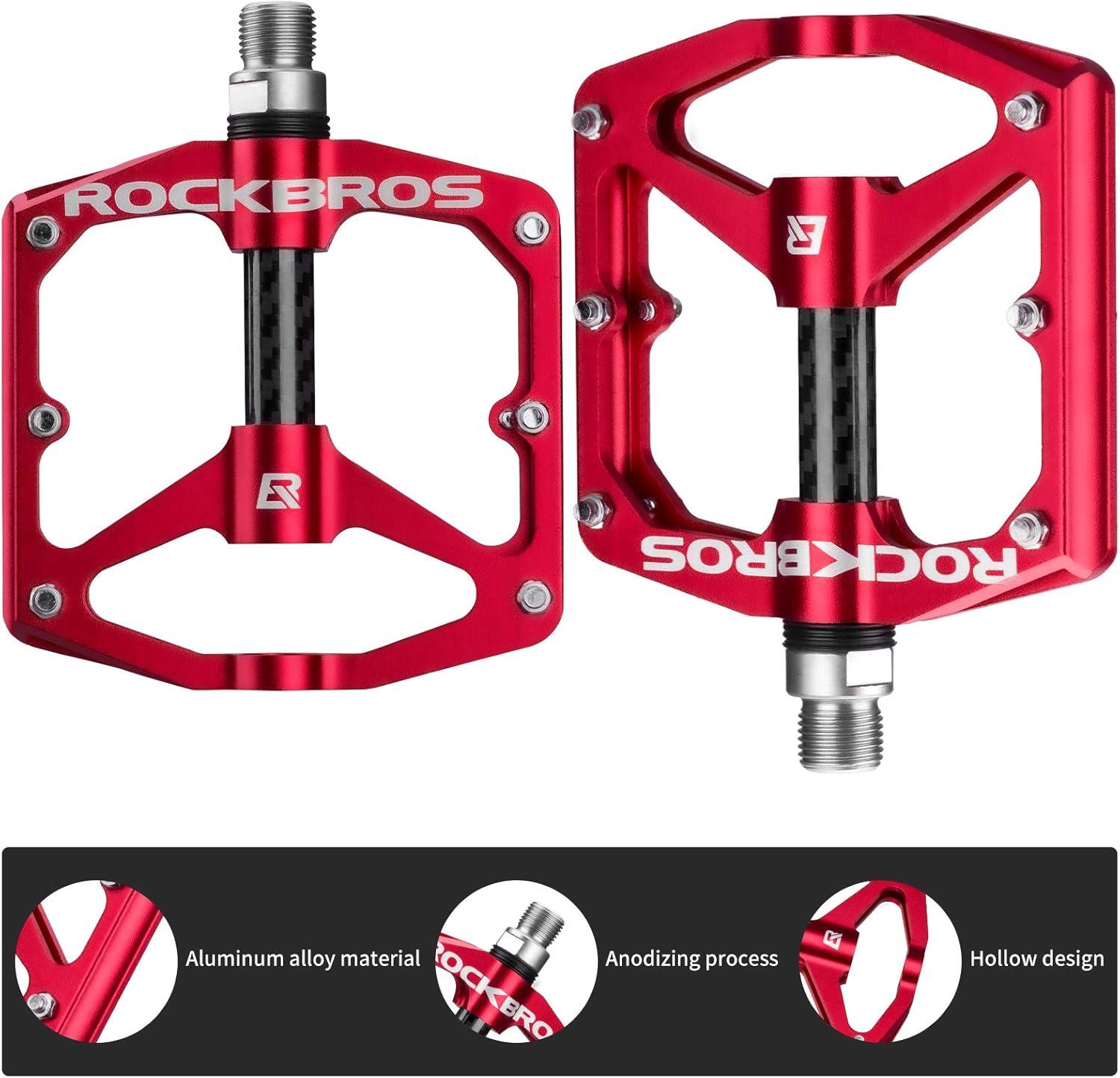 imageRock BROS Mountain Bike Pedals Flat Bicycle Pedals 916 Lightweight Road Bike Pedals Carbon Fiber Sealed Bearing Flat Pedals for MTBRed