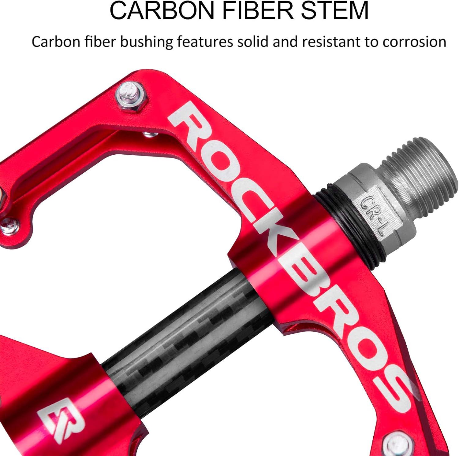 imageRock BROS Mountain Bike Pedals Flat Bicycle Pedals 916 Lightweight Road Bike Pedals Carbon Fiber Sealed Bearing Flat Pedals for MTBRed