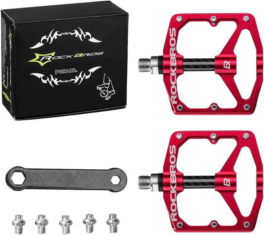 imageRock BROS Mountain Bike Pedals Flat Bicycle Pedals 916 Lightweight Road Bike Pedals Carbon Fiber Sealed Bearing Flat Pedals for MTBRed