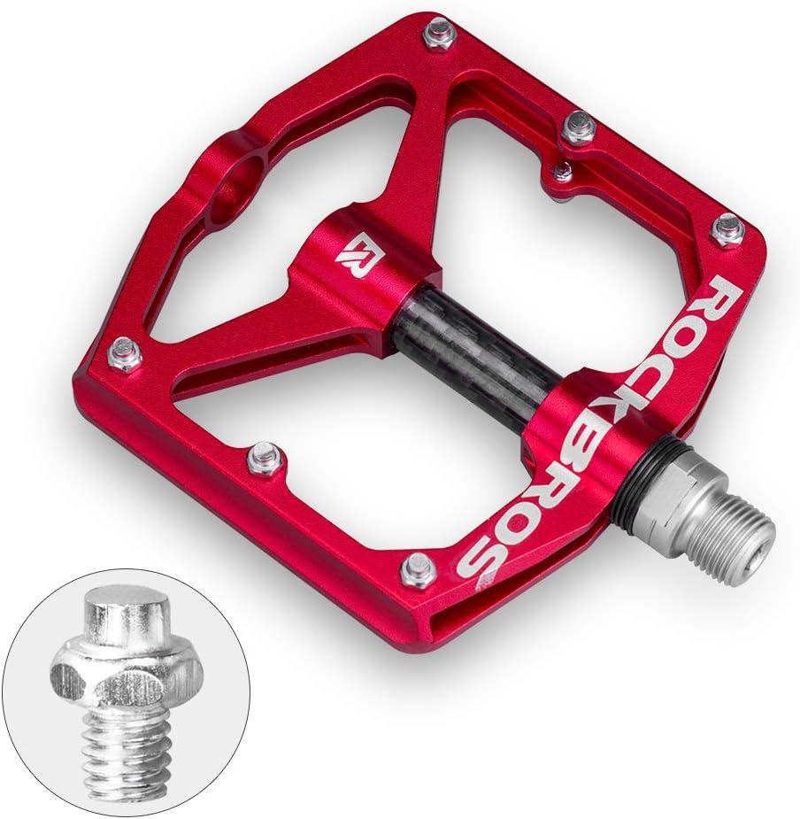 imageRock BROS Mountain Bike Pedals Flat Bicycle Pedals 916 Lightweight Road Bike Pedals Carbon Fiber Sealed Bearing Flat Pedals for MTBRed