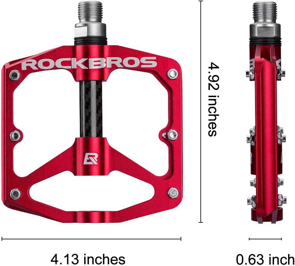 imageRock BROS Mountain Bike Pedals Flat Bicycle Pedals 916 Lightweight Road Bike Pedals Carbon Fiber Sealed Bearing Flat Pedals for MTBRed