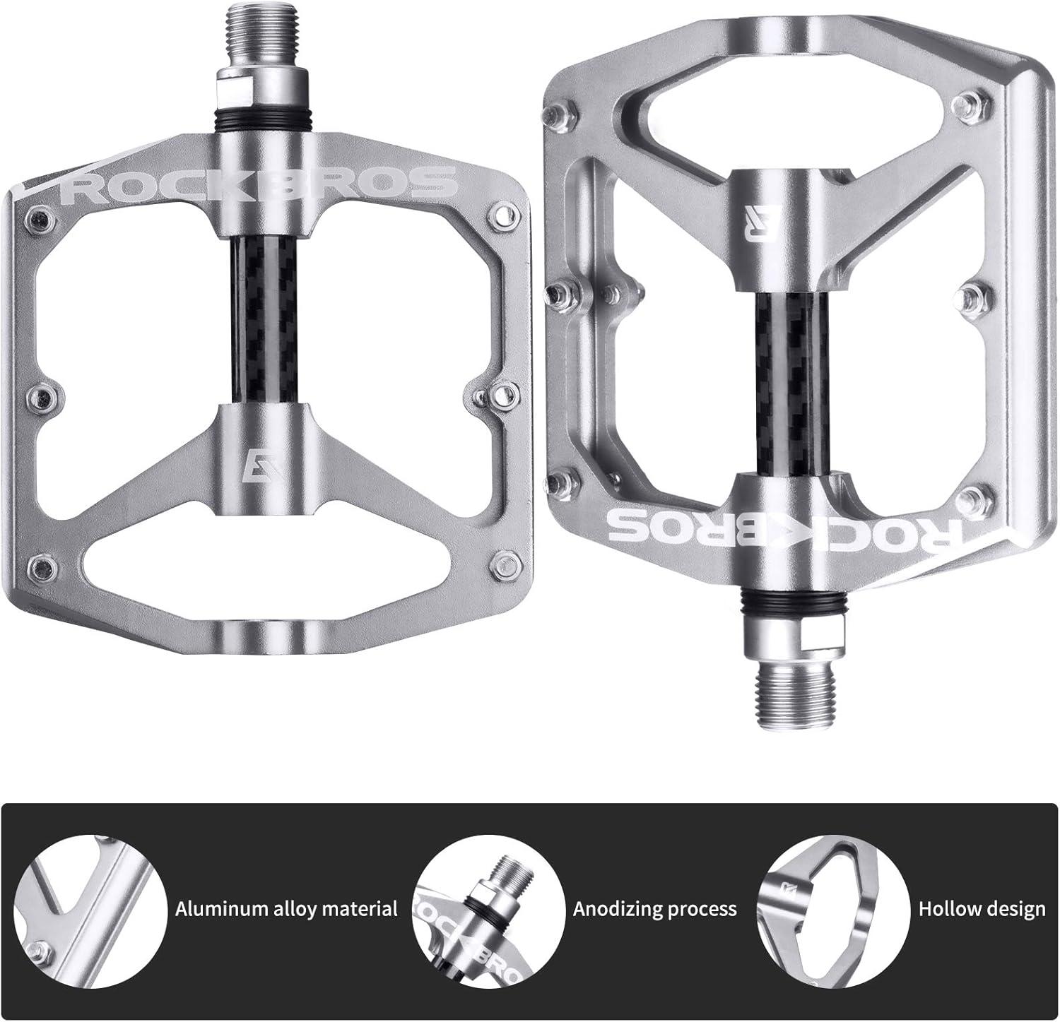 imageRock BROS Mountain Bike Pedals Flat Bicycle Pedals 916 Lightweight Road Bike Pedals Carbon Fiber Sealed Bearing Flat Pedals for MTBSilver