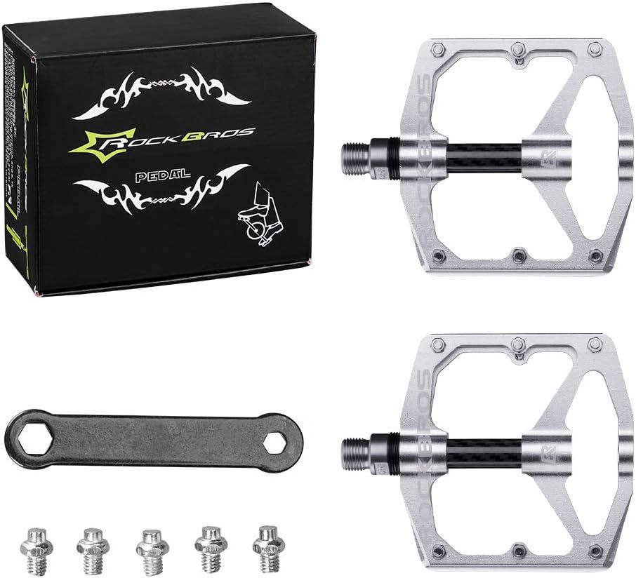 imageRock BROS Mountain Bike Pedals Flat Bicycle Pedals 916 Lightweight Road Bike Pedals Carbon Fiber Sealed Bearing Flat Pedals for MTBSilver