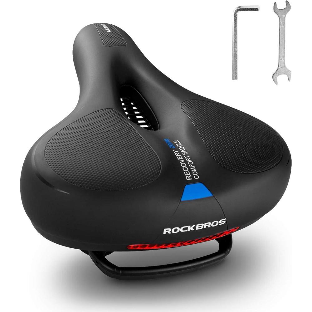 imageROCKBROS Bike Seat Cushion for Men Women with Dual Shock Absorbing Ball Memory Foam Ergonomic Bike Saddle Handle for Easy Transport Soft Wide Waterproof Exercise Bicycle Seat for Peloton Road BikeBlue