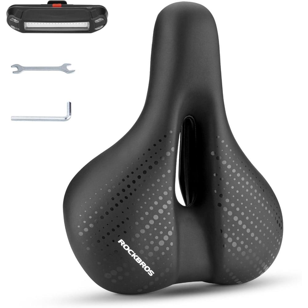 imageROCKBROS Bike Seat for Men Women Comfort Wide Gel Bike Seat ReplacementBreathable Waterproof Padded Bicycle Saddle Compatible with CruiserMountainFat BikesBlackTail Light