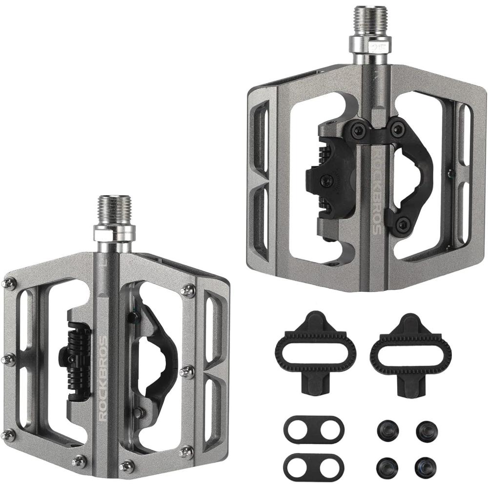 imageROCKBROS MTB Mountain Bike Pedals Compatible with SPD Mountain Bike Dual Function Sealed Clipless Aluminum Bicycle Flat Platform 916 Pedals with Cleats for Road MTB Mountain BikesTitanium