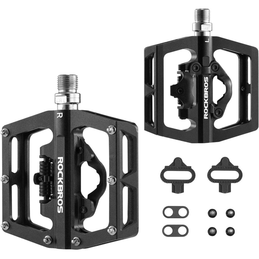 imageROCKBROS MTB Mountain Bike Pedals Compatible with SPD Mountain Bike Dual Function Sealed Clipless Aluminum Bicycle Flat Platform 916 Pedals with Cleats for Road MTB Mountain Bikesblack