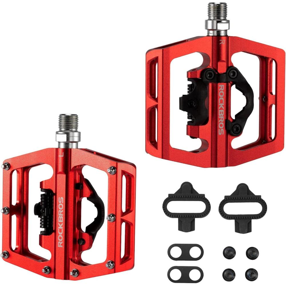 imageROCKBROS MTB Mountain Bike Pedals Compatible with SPD Mountain Bike Dual Function Sealed Clipless Aluminum Bicycle Flat Platform 916 Pedals with Cleats for Road MTB Mountain BikesRed