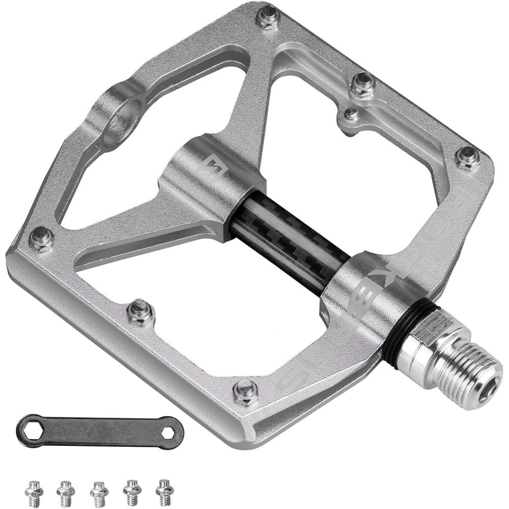 imageRock BROS Mountain Bike Pedals Flat Bicycle Pedals 916 Lightweight Road Bike Pedals Carbon Fiber Sealed Bearing Flat Pedals for MTBSilver