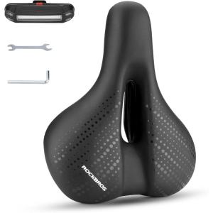 ROCKBROS Bike Seat for Men Women Comfort Wide Gel Bike Seat Replacement,Breathable Waterproof Padded Bicycle Saddle, Compatible with Cruiser/Mountain/Fat Bikes(Black(Tail Light))