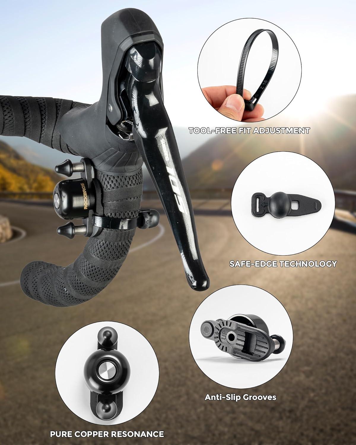 imageROCKBROS Bike Bell for Adults 180 Degrees Adjustable DualHammer Bicycle Bell Loud Brass Ring Universal StrapOn Mount for RoadMountainEBikes Mini amp Stylish DesignBlack