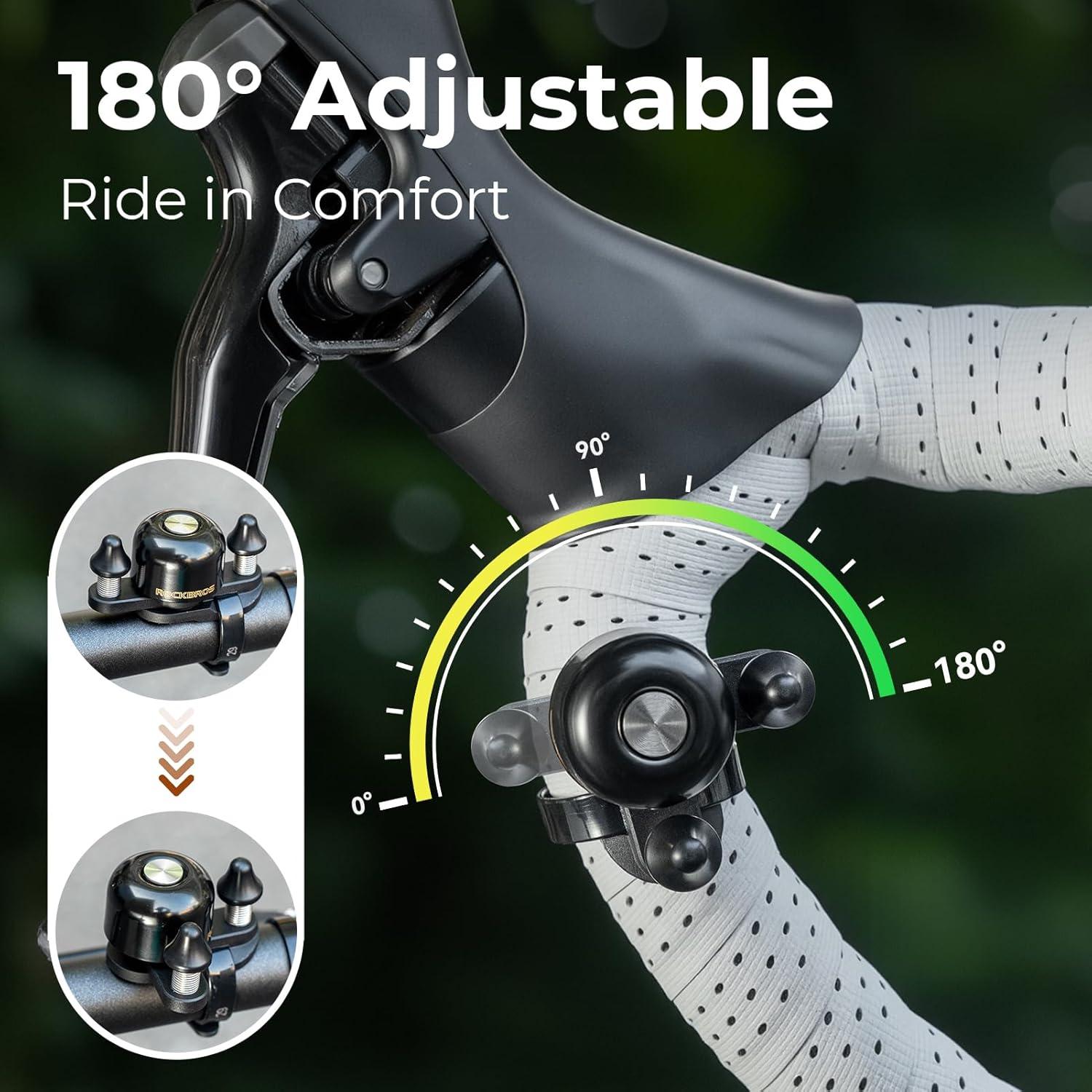 imageROCKBROS Bike Bell for Adults 180 Degrees Adjustable DualHammer Bicycle Bell Loud Brass Ring Universal StrapOn Mount for RoadMountainEBikes Mini amp Stylish DesignGoldenGolden