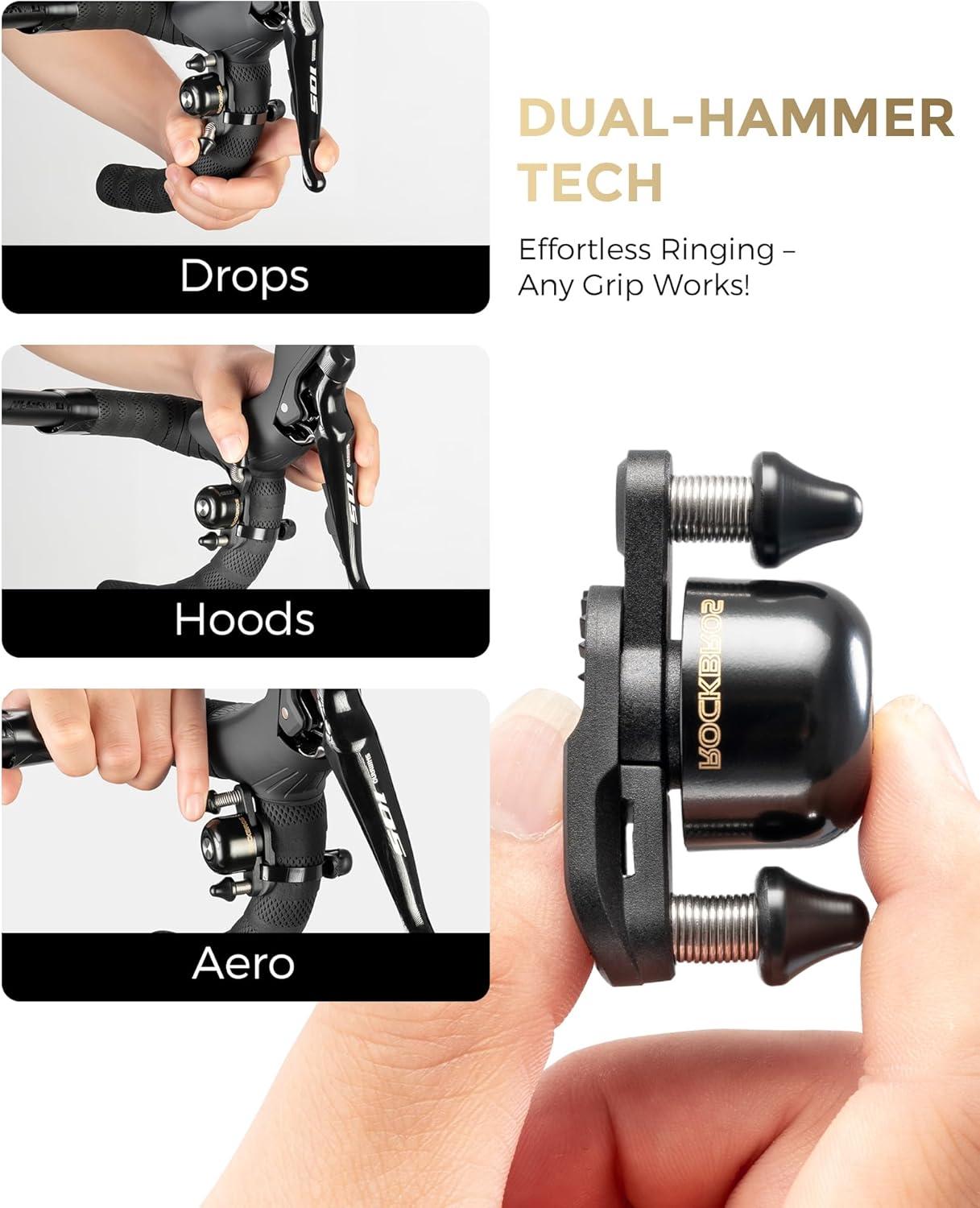 imageROCKBROS Bike Bell for Adults 180 Degrees Adjustable DualHammer Bicycle Bell Loud Brass Ring Universal StrapOn Mount for RoadMountainEBikes Mini amp Stylish DesignBlackBlack