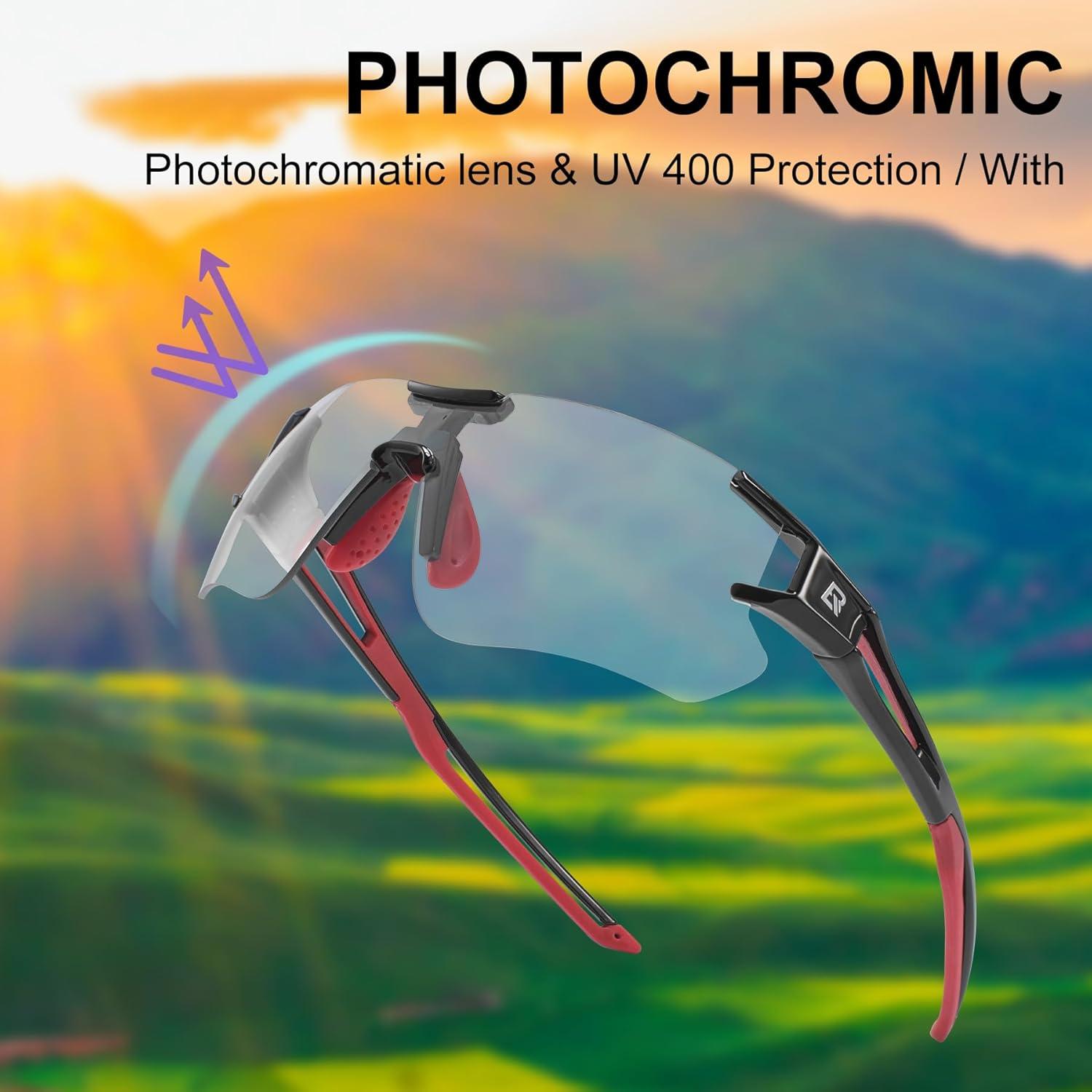 imageROCKBROS Cycling Sunglasses Photochromic Bike Glasses for Men Women Sports Goggles UV ProtectionBlack Red