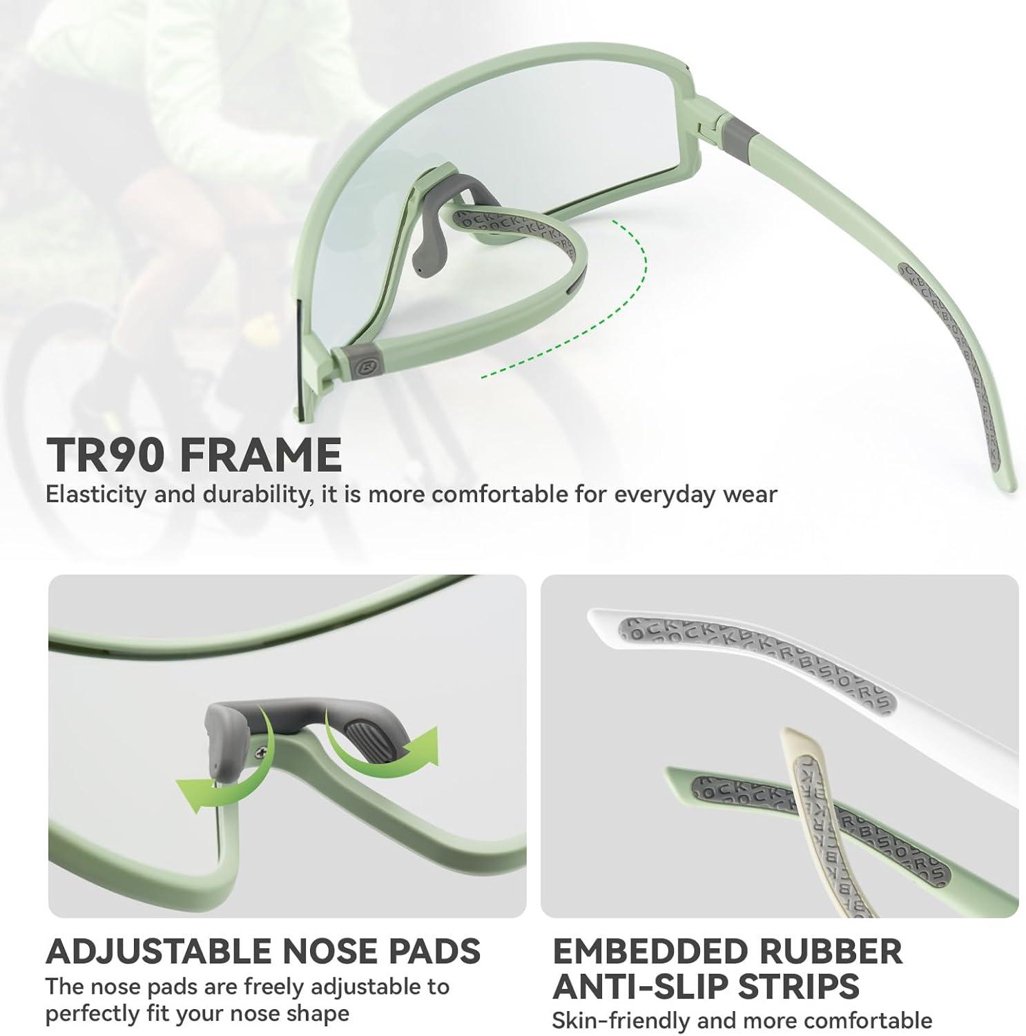 imageROCKBROS Photochromic Cycling Glasses for Men Women Sports Glasses UV ProtectionSky GreenClear