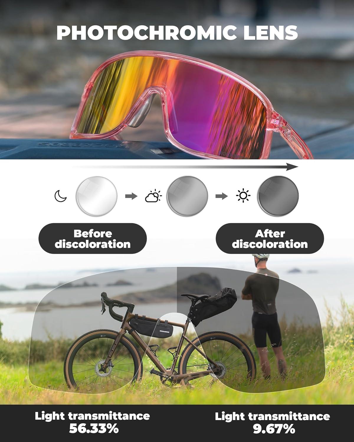 imageROCKBROS Photochromic Sunglasses for Men Women Cycling Glasses UV Protection Sports SunglassesBegonia Red Grey to Pink