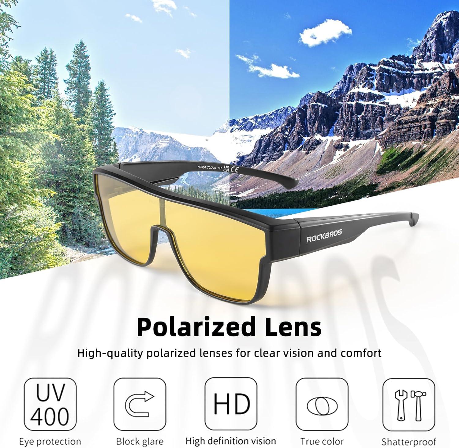 imageROCKBROS Polarized Fit Over Glasses Sunglasses 100 UV400 Protection for Men WomenWrap Around Sunglasses for Driving CyclingMatte Black Yellow Lens