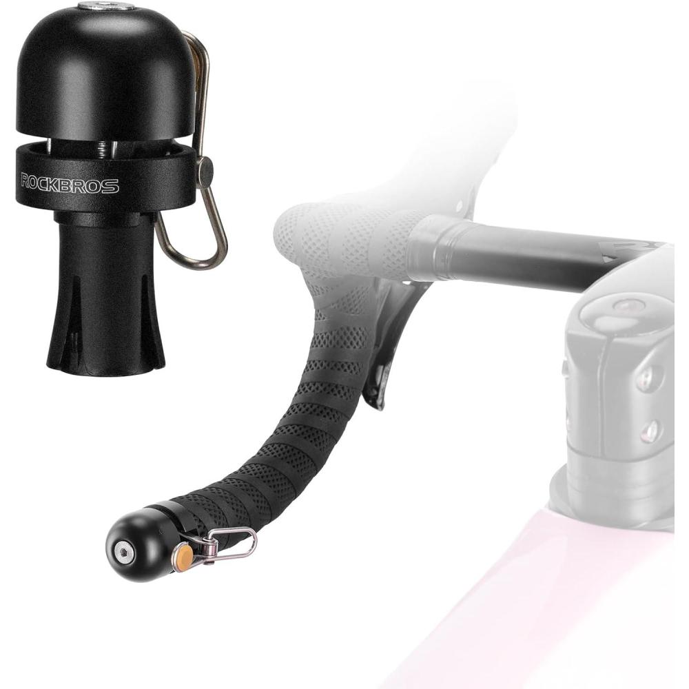 imageROCKBROS Bike Bell Bar End Bell for Road Bike Drop Bar 100 dB Loud Copper Alloy Bicycle Bell for Adult Bikes Fits 222mm087in Handlebar End Plug Left or Right MountingBlack