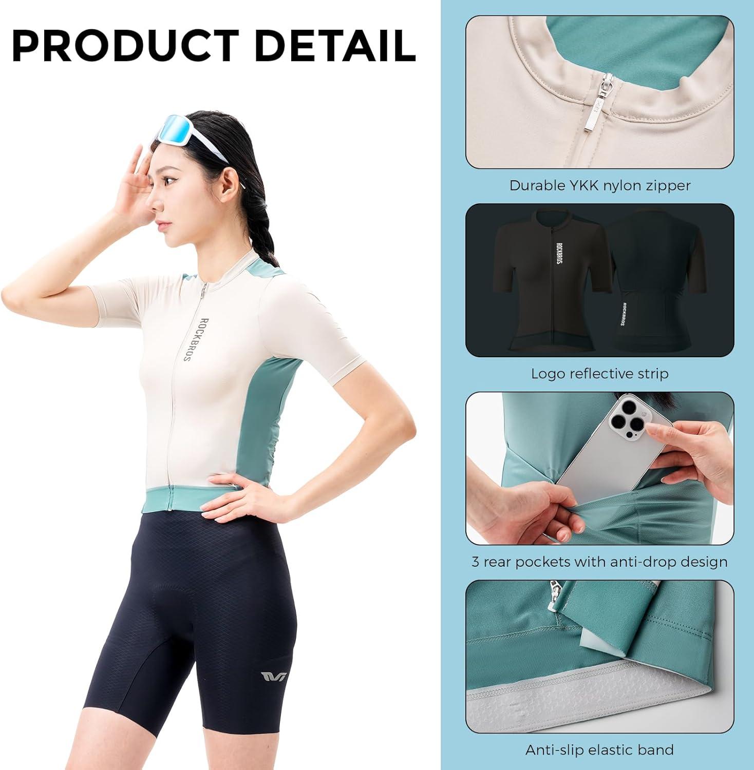 imageROCKBROS Cycling Jersey Women Short Sleeves Bike Shirts with Pockets Quick Dry Bicycle Clothing for Road Mountain EBikeBlue