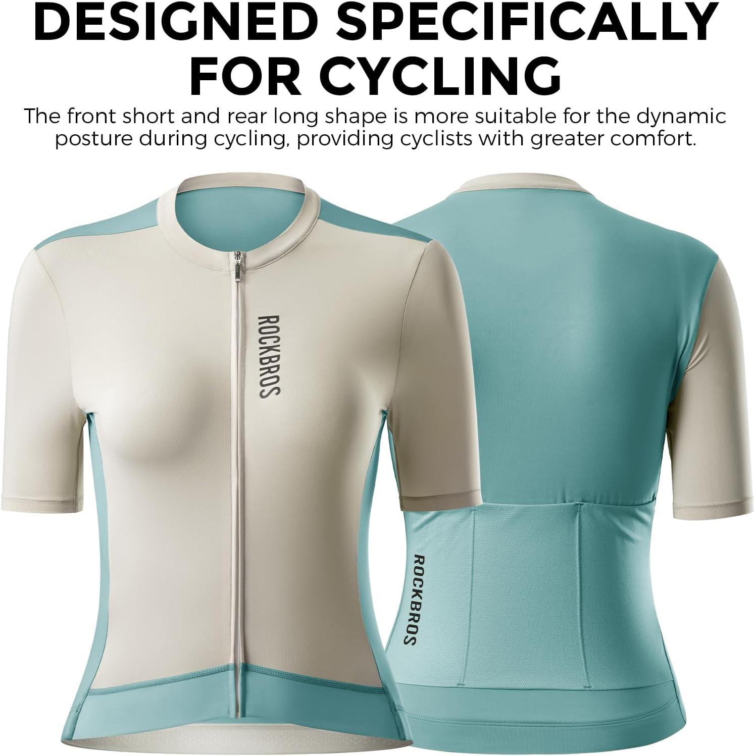 imageROCKBROS Cycling Jersey Women Short Sleeves Bike Shirts with Pockets Quick Dry Bicycle Clothing for Road Mountain EBikeBlue