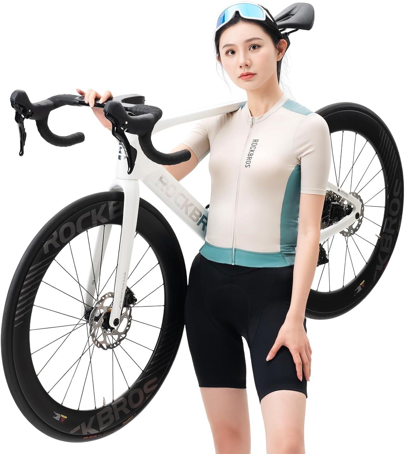 imageROCKBROS Cycling Jersey Women Short Sleeves Bike Shirts with Pockets Quick Dry Bicycle Clothing for Road Mountain EBikeBlue