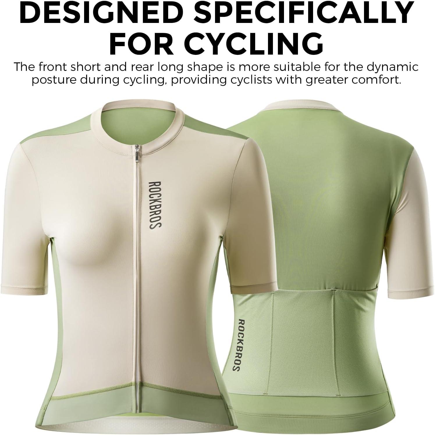 imageROCKBROS Cycling Jersey Women Short Sleeves Bike Shirts with Pockets Quick Dry Bicycle Clothing for Road Mountain EBikeGreen