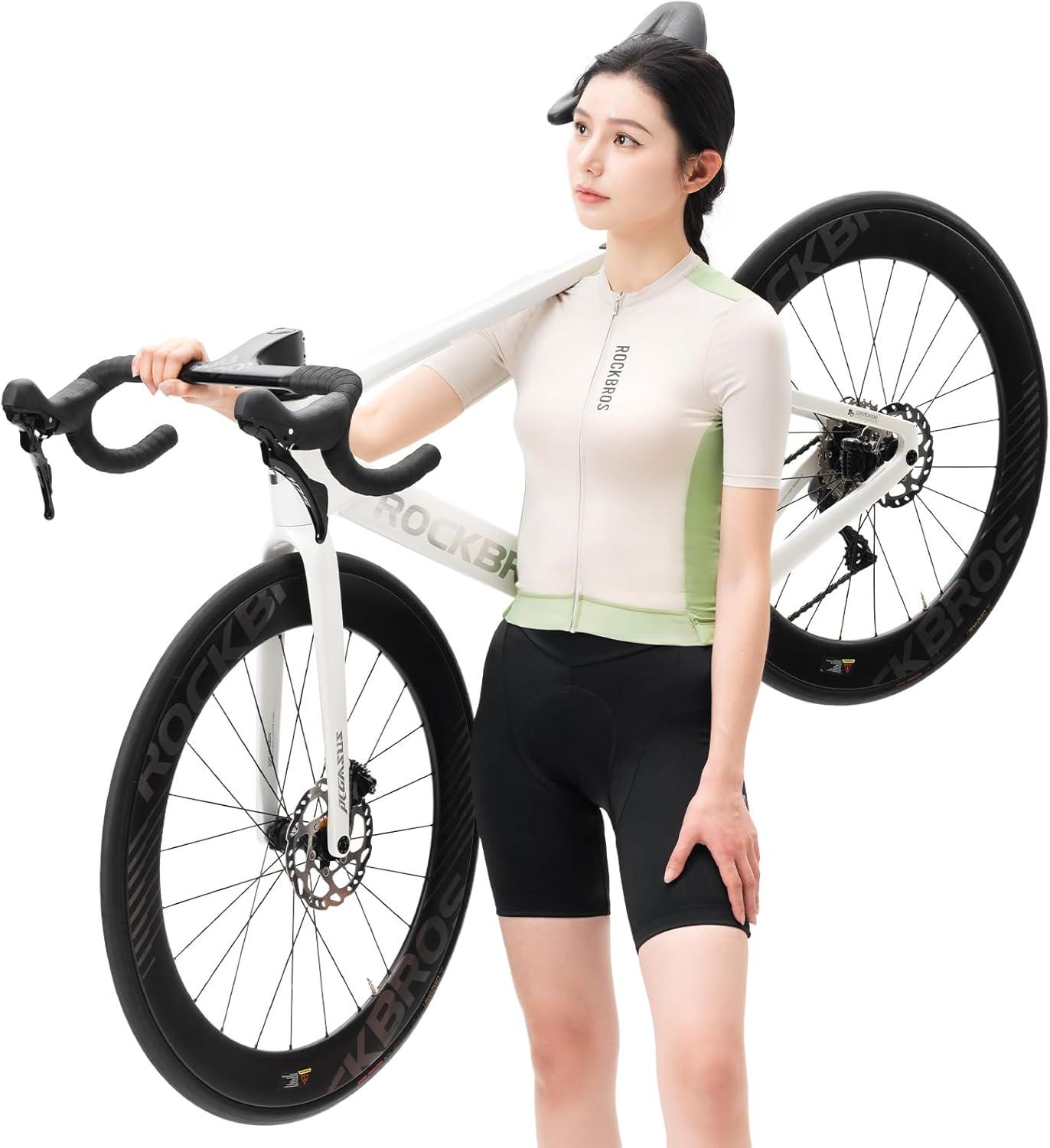 imageROCKBROS Cycling Jersey Women Short Sleeves Bike Shirts with Pockets Quick Dry Bicycle Clothing for Road Mountain EBikeGreen