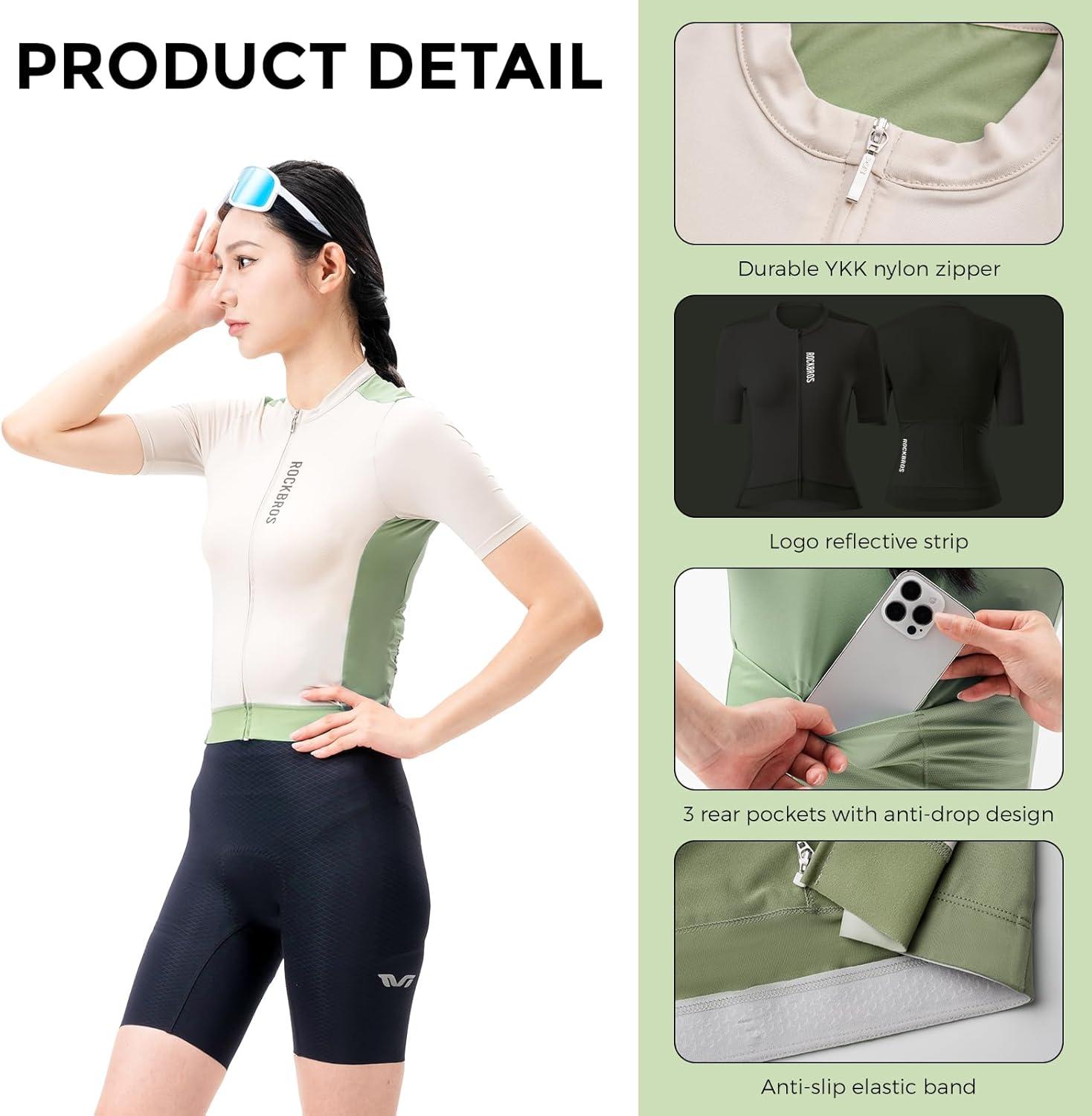 imageROCKBROS Cycling Jersey Women Short Sleeves Bike Shirts with Pockets Quick Dry Bicycle Clothing for Road Mountain EBikeGreen