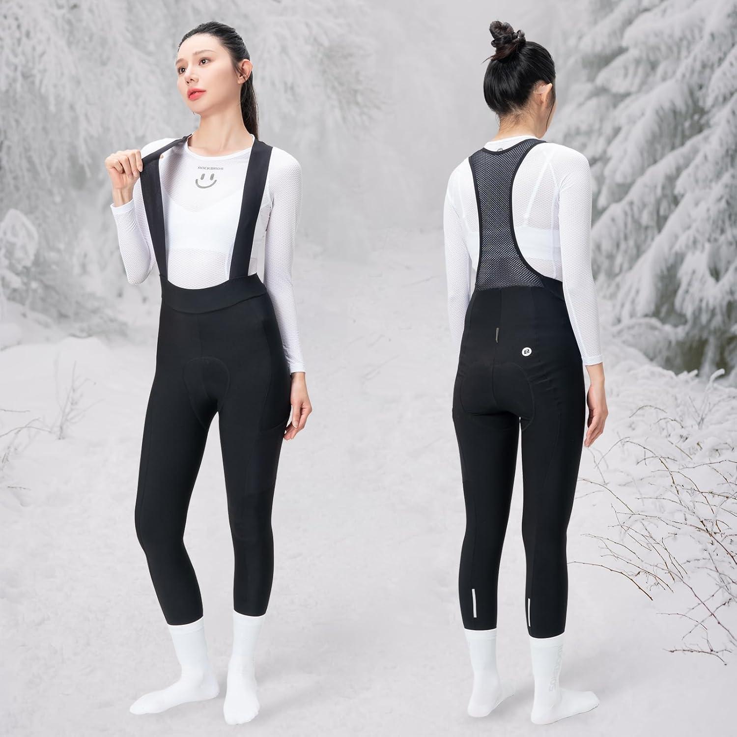 imageROCKBROS Womens Cycling Bib Pants Fleece Lined Windproof Tights with Breathable Padded amp Thigh Pocket