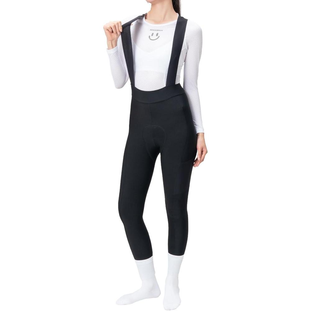 imageROCKBROS Womens Cycling Bib Pants Fleece Lined Windproof Tights with Breathable Padded amp Thigh Pocket