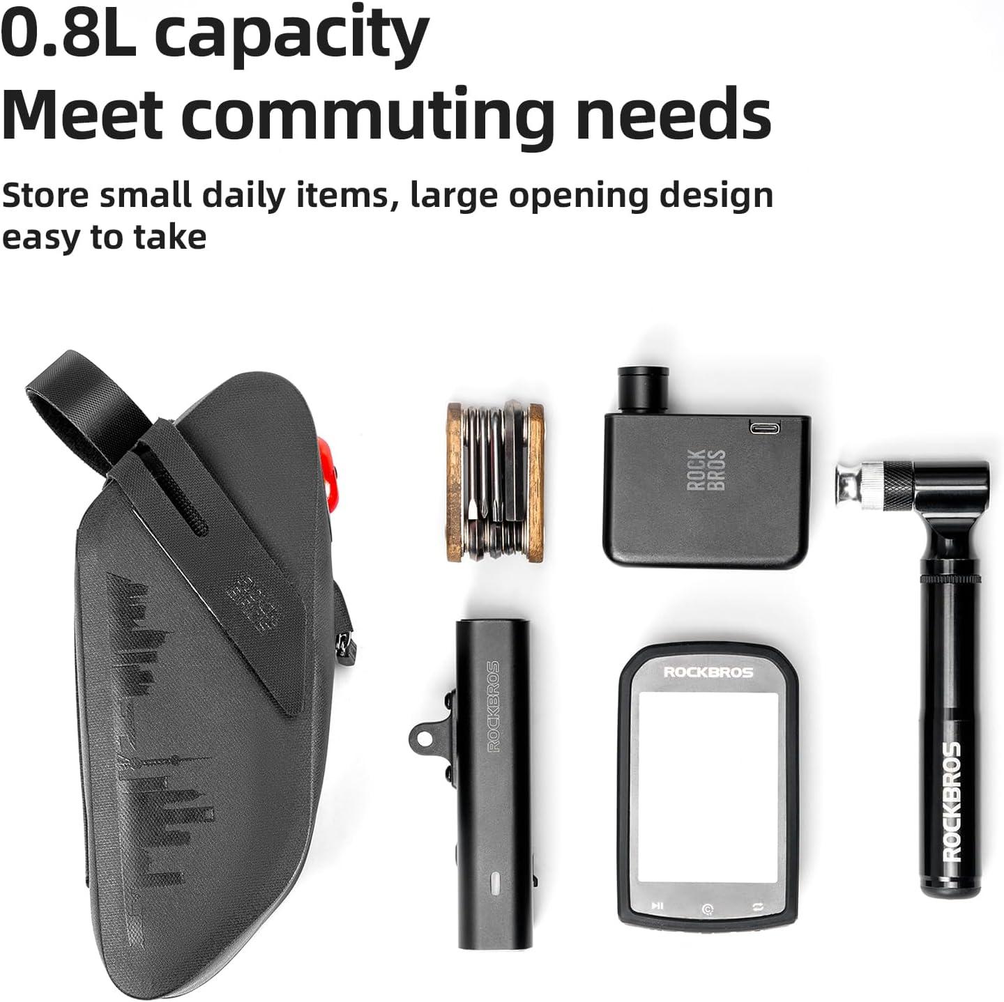 imageROCKBROS Bike Saddle Bag with Smart Tail Light08L Waterproof amp Resistant Bike Bag Under SeatReflective Bike Seat Bag and 3 Magic Straps for Road amp Mountain Bikes