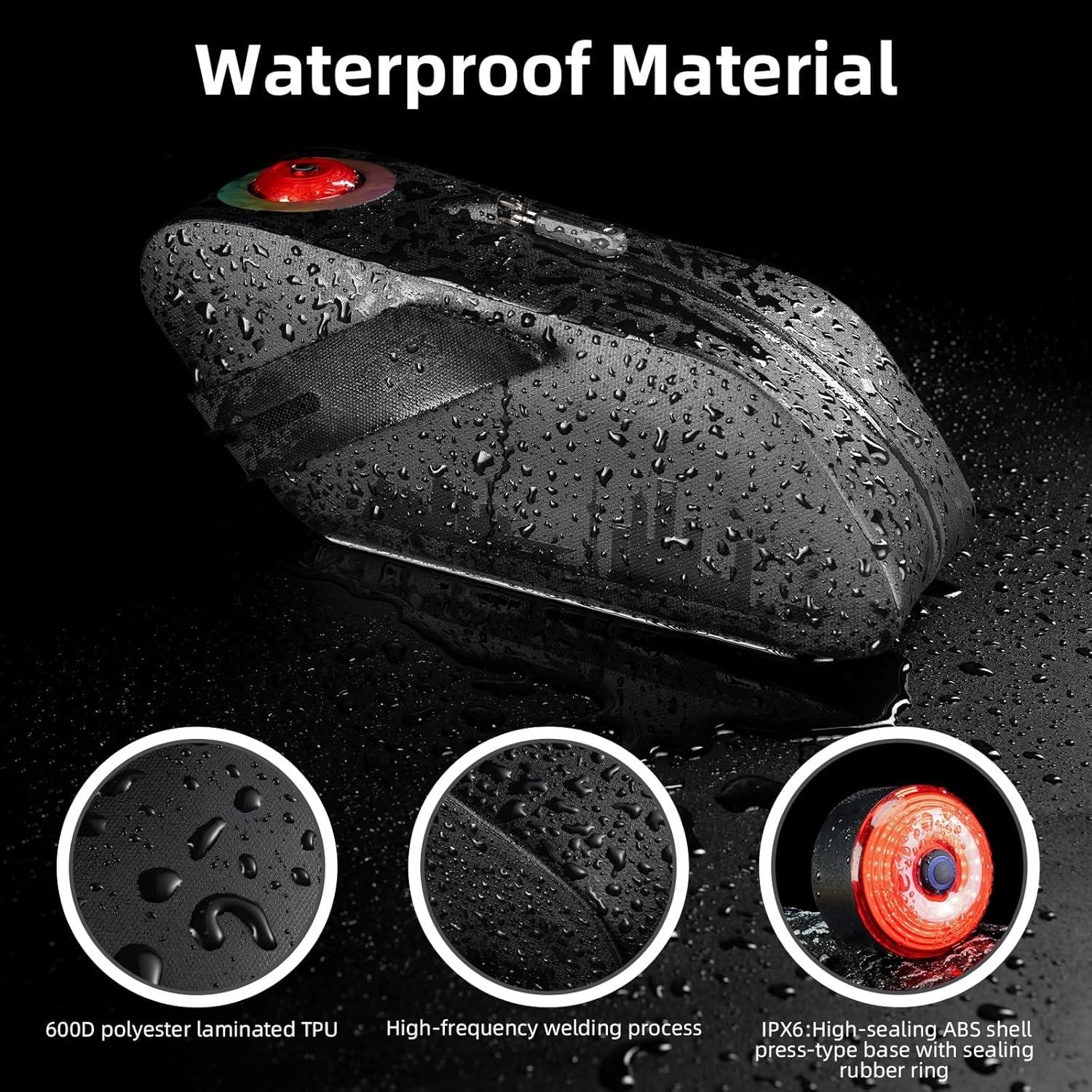 imageROCKBROS Bike Saddle Bag with Smart Tail Light08L Waterproof amp Resistant Bike Bag Under SeatReflective Bike Seat Bag and 3 Magic Straps for Road amp Mountain Bikes
