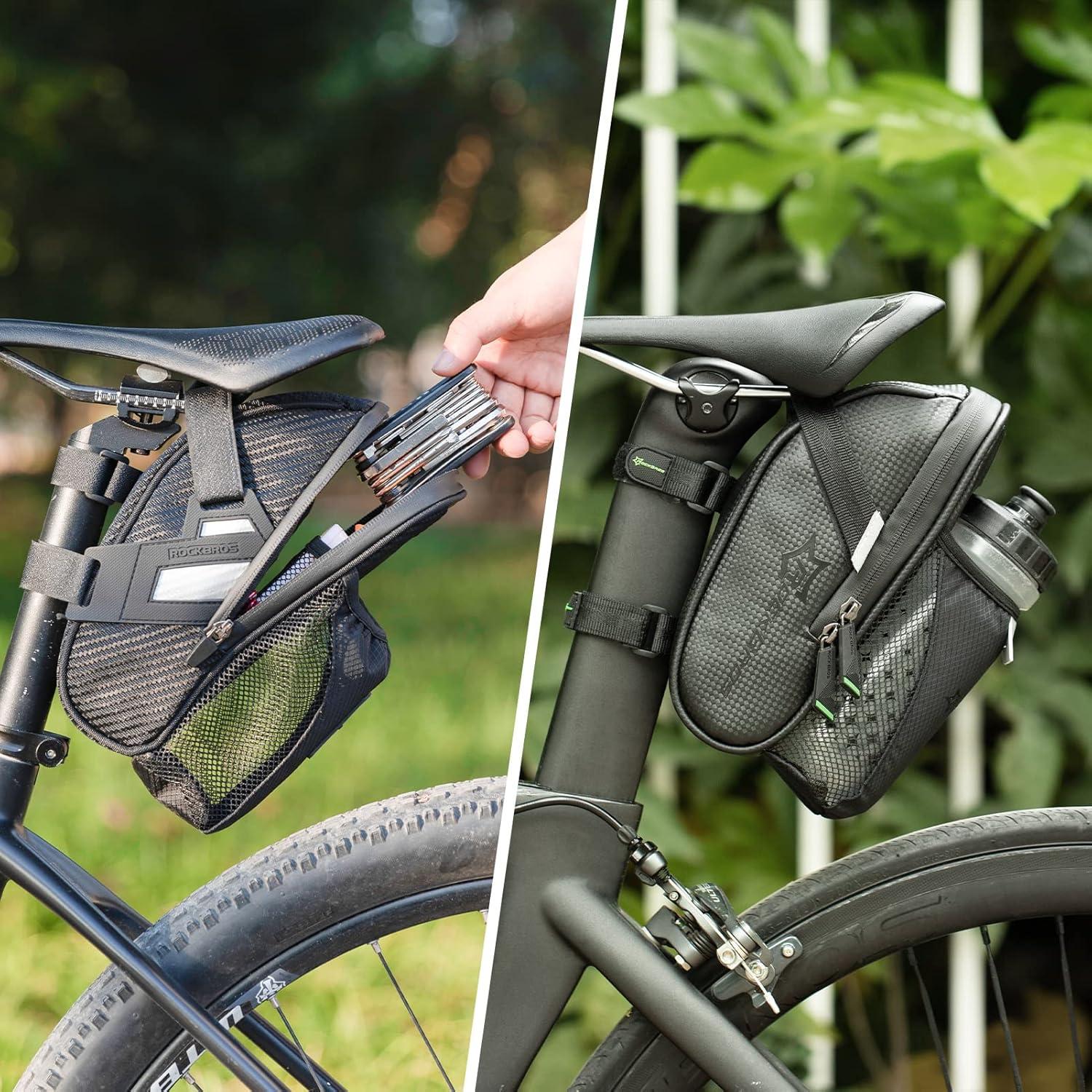 imageROCKBROS Bike Saddle Bags with Water Bottle Pouch Waterproof Bike Bags Under Seat Pack for Mountain Road Bike Saddle Bag Bicycles Storage Bag 16LBlack Green