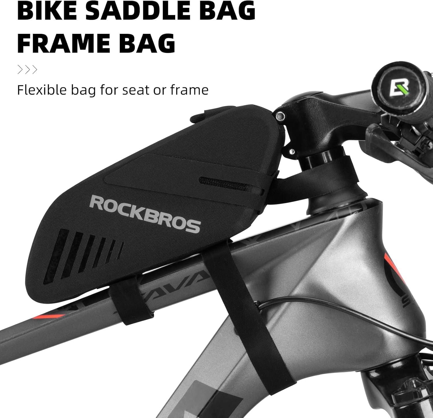 imageROCKBROS Bike Seat Bag Waterproof 06L Bike Seat Bag Frame Bag Lightweight Bike Saddele Bag Top Tube Bag Bike Accessories for Mountain MTB Road Foldable Bikes