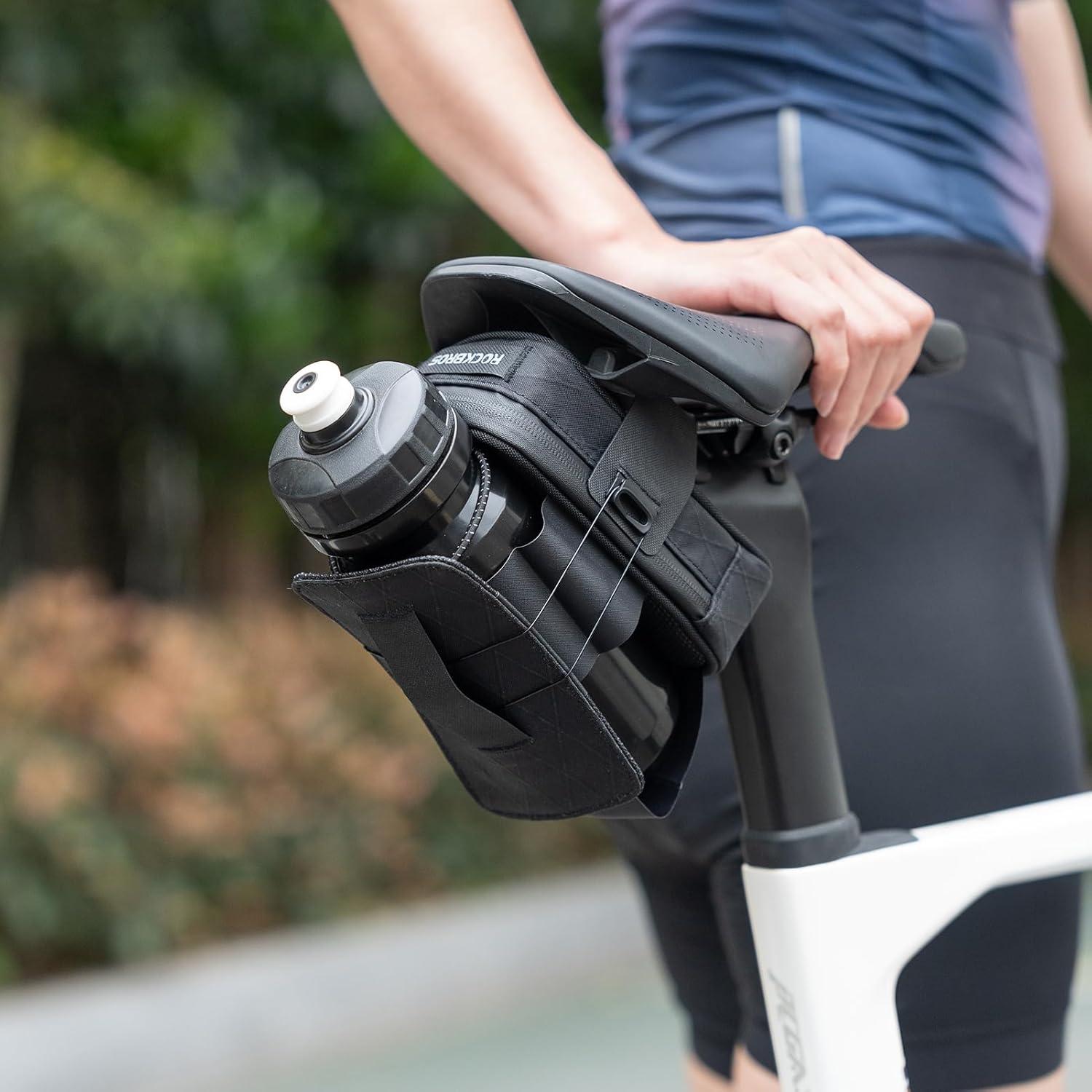 imageROCKBROS WaterResistant Bike Saddle Bag with Water Bottle Holder amp Taillight Hanger Large Capacity Rear Seat Pack for Road amp Mountain CyclingBlack
