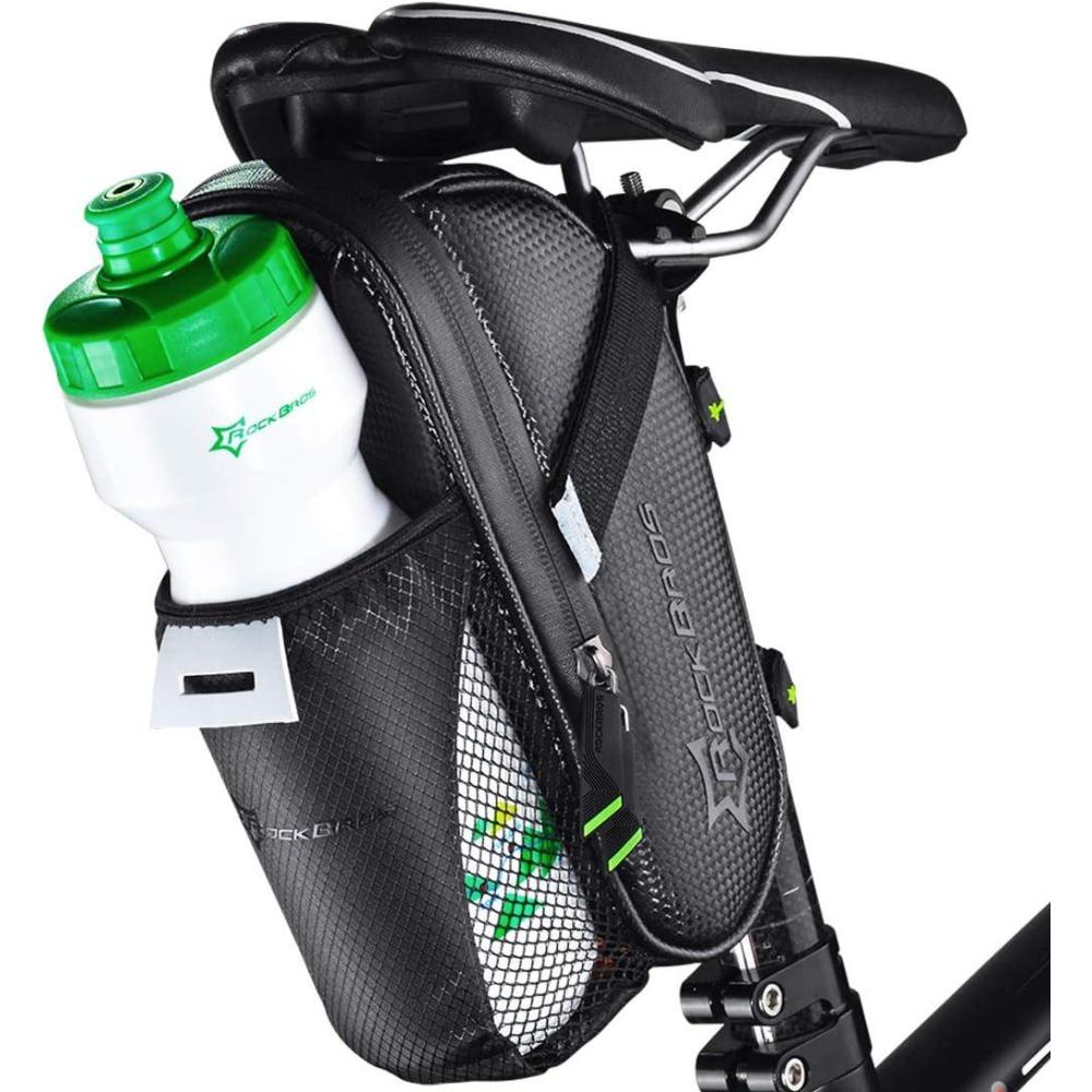 imageROCKBROS Bike Saddle Bags with Water Bottle Pouch Waterproof Bike Bags Under Seat Pack for Mountain Road Bike Saddle Bag Bicycles Storage Bag 16LBlack Green