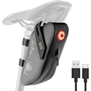 ROCKBROS Bike Saddle Bag with Smart Tail Light,0.8L Waterproof & Resistant Bike Bag Under Seat,Reflective Bike Seat Bag and 3 Magic Straps for Road & Mountain Bikes