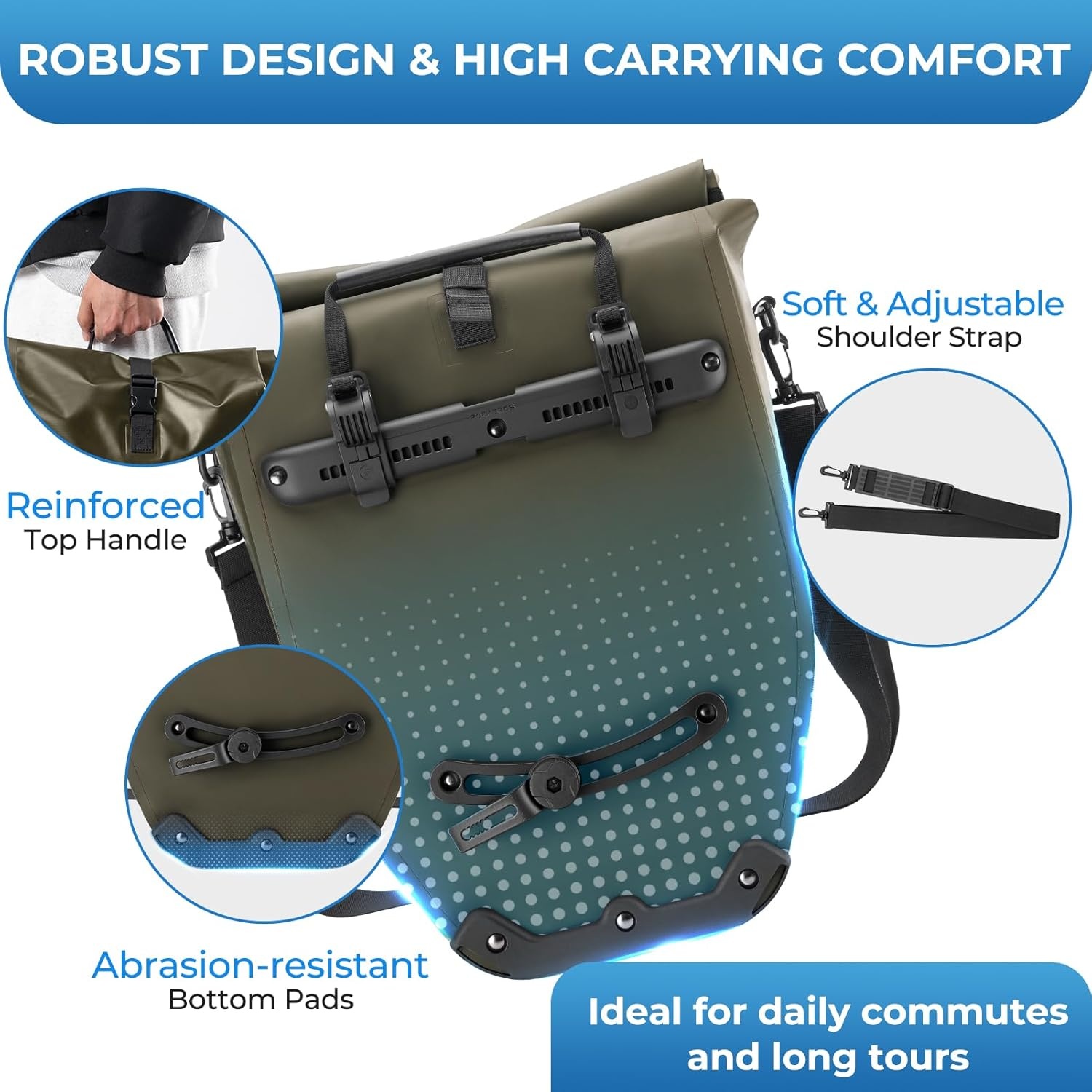 imageROCKBROS Bike Panniers 20L Waterproof Roll Up Bike Rack Bag Adjustable Quick Release BucklesReflective for Road Mountain Cycling Traveling CommutingDark Green2